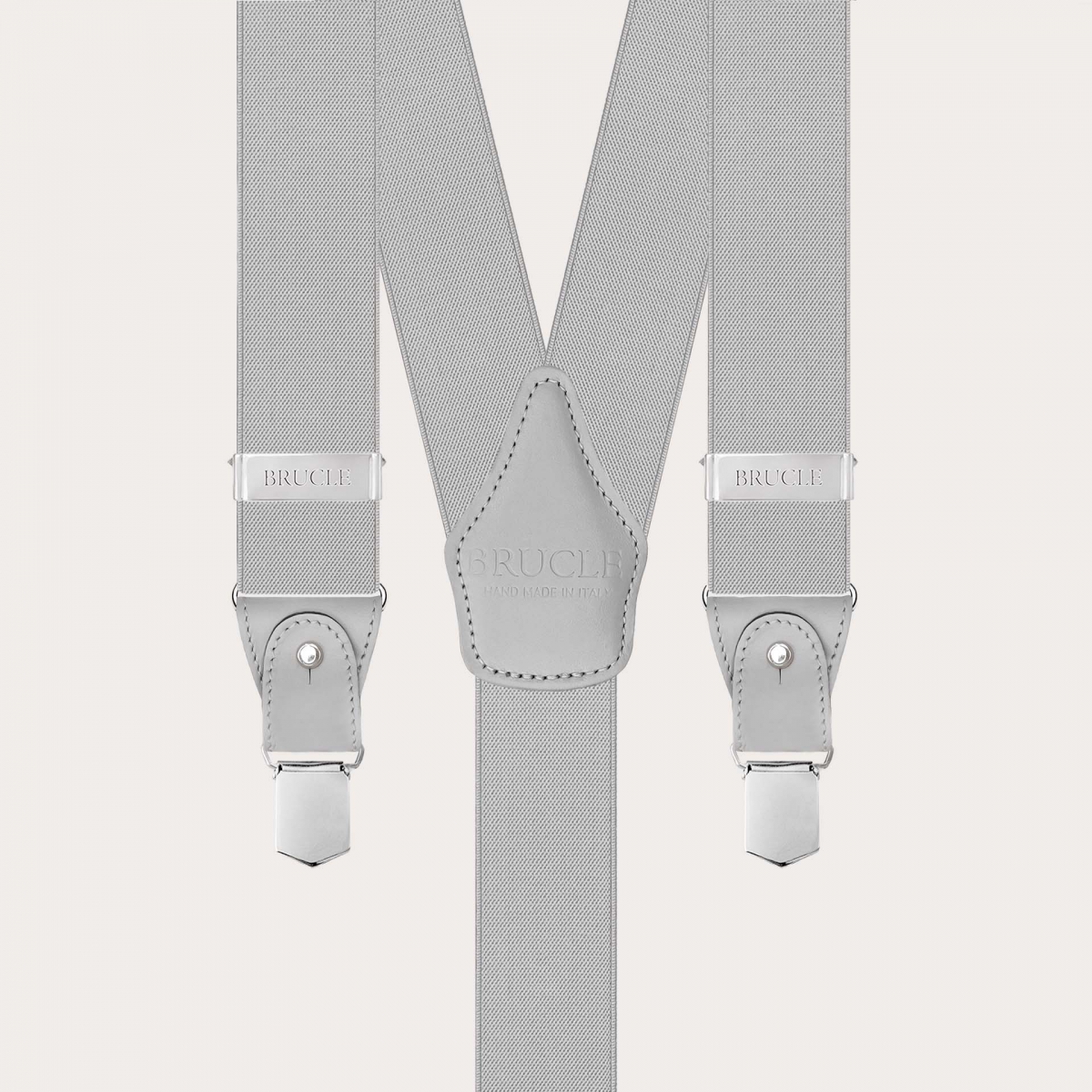 Light grey elastic suspenders for buttons or clips