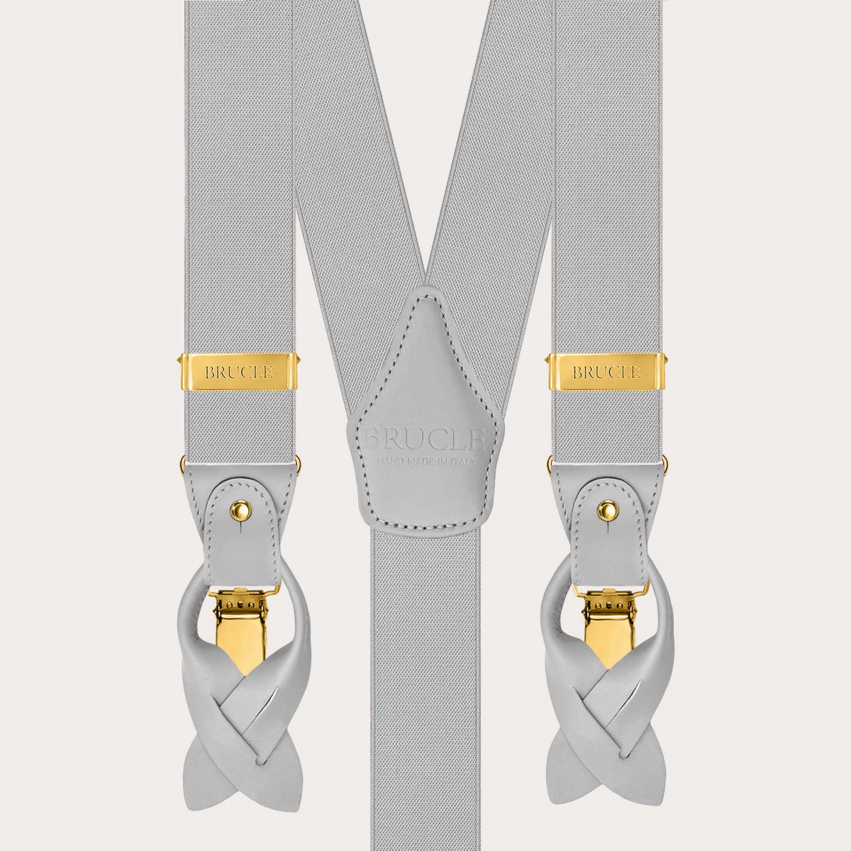 Light grey elastic suspenders double use with gold clips