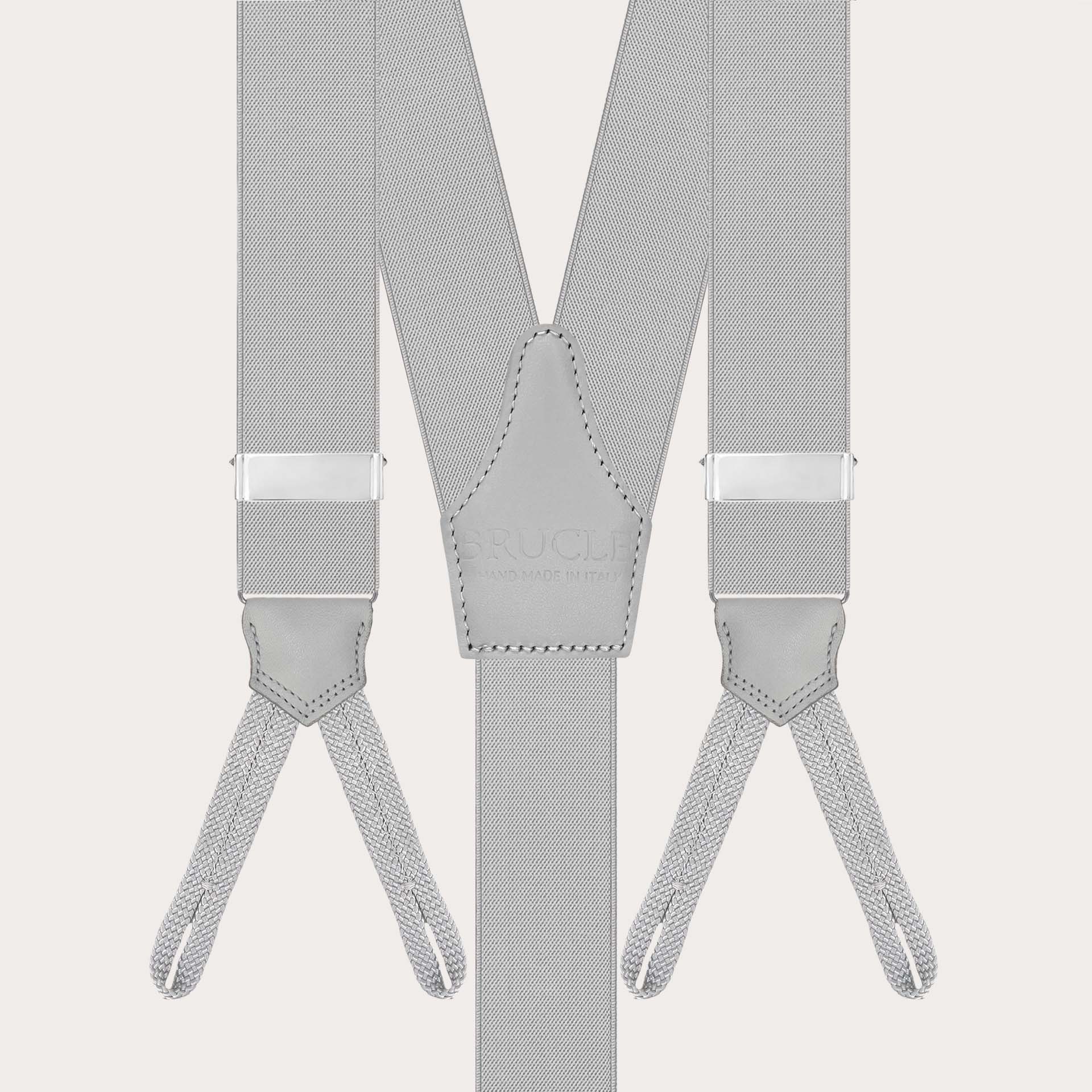 Grey elastic suspenders with button loops