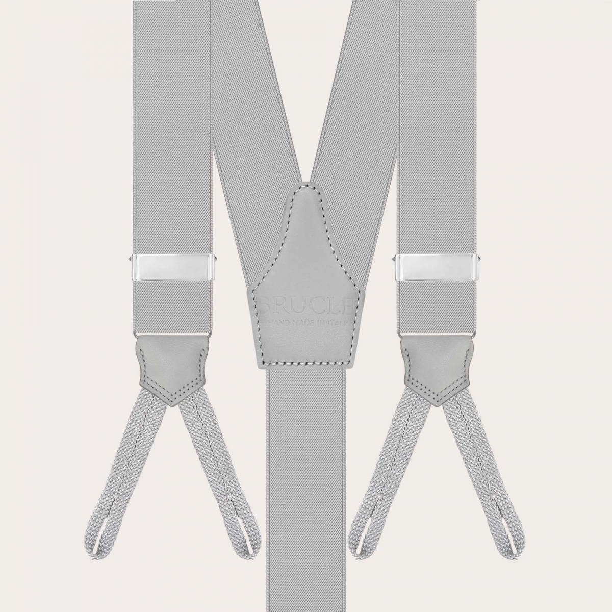 Grey elastic suspenders with button loops