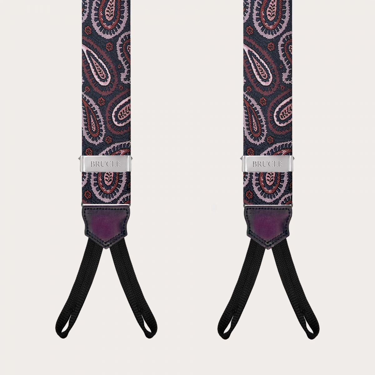 Paisley burgundy silk suspenders with button loops