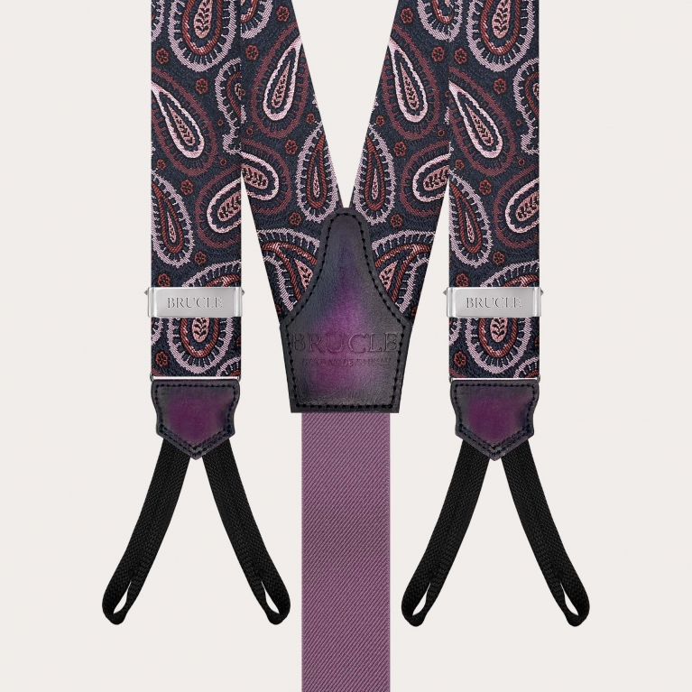 Paisley burgundy silk suspenders with button loops