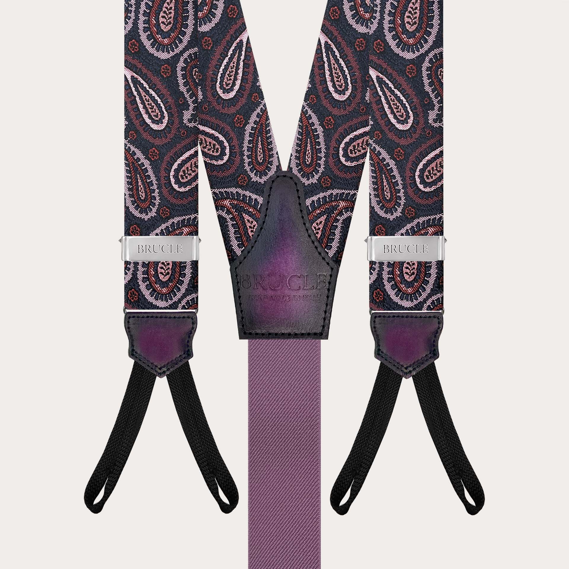 Paisley burgundy silk suspenders with button loops