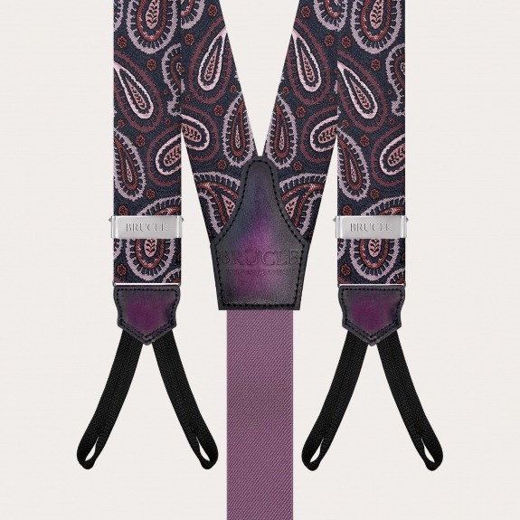 Paisley burgundy silk suspenders with button loops