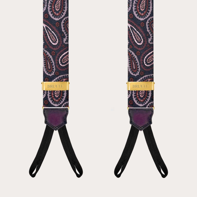 Burgundy paisley silk suspenders for buttons with gold adjusters