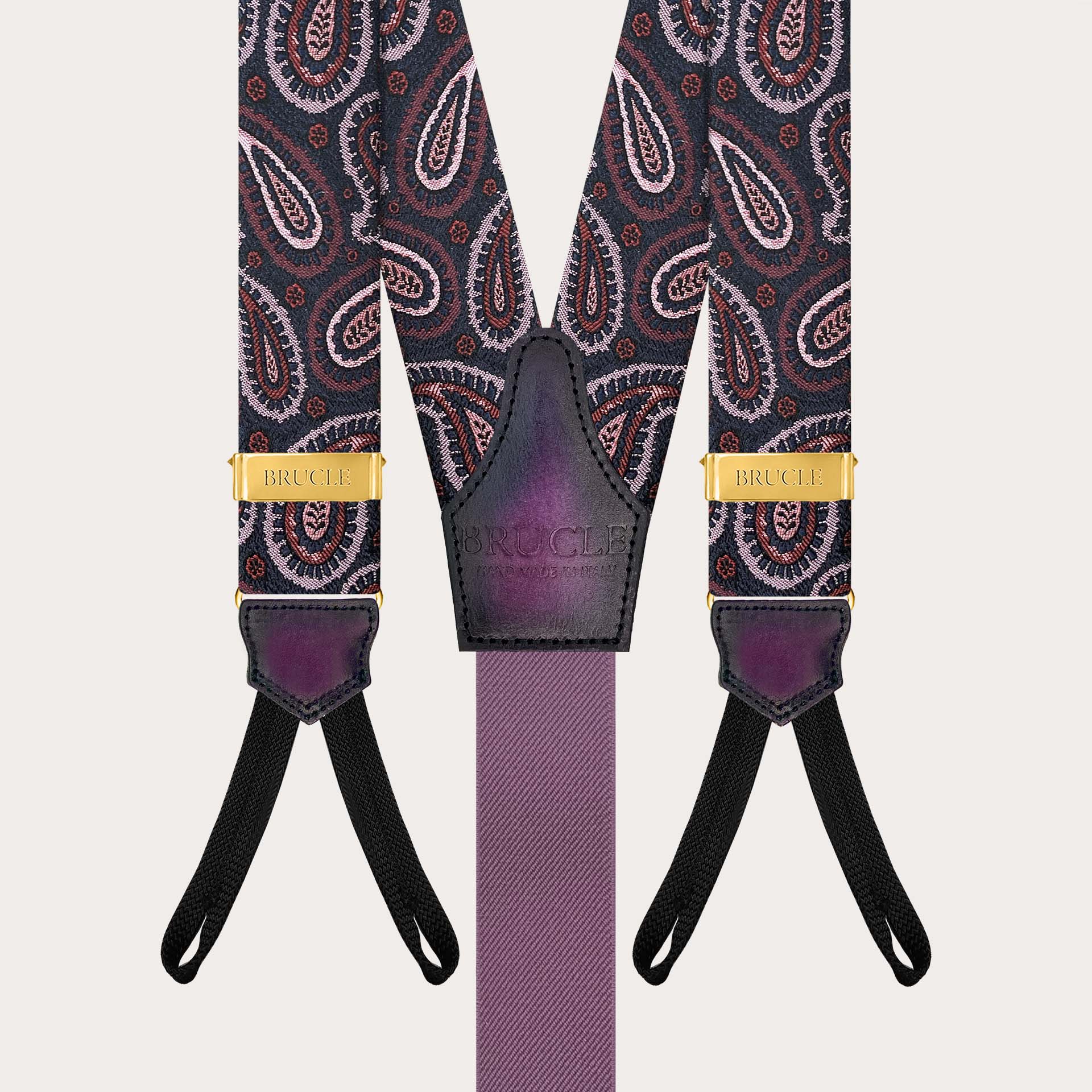 Burgundy paisley silk suspenders for buttons with gold adjusters