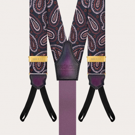 Burgundy paisley silk suspenders for buttons with gold adjusters
