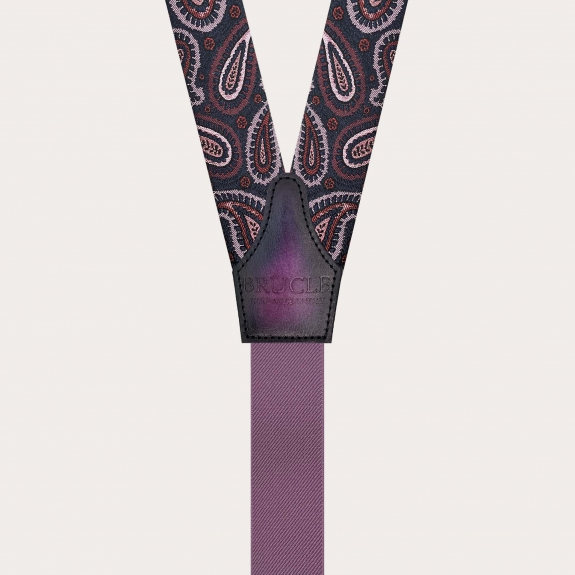 Burgundy paisley silk suspenders for buttons with gold adjusters