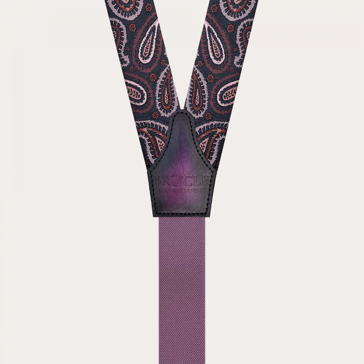 Burgundy paisley silk suspenders for buttons with gold adjusters