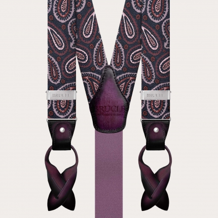 Burgundy paisley silk suspenders for buttons or clips