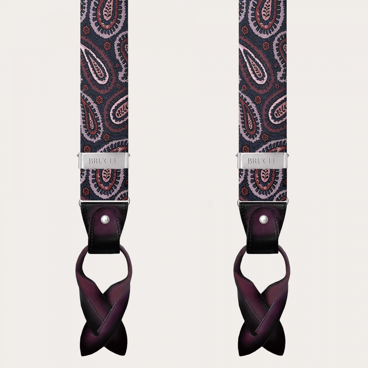 Burgundy paisley silk suspenders for buttons or clips