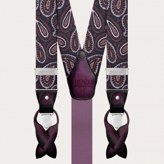 Bretelle bordeaux paisley in seta per bottoni o clip