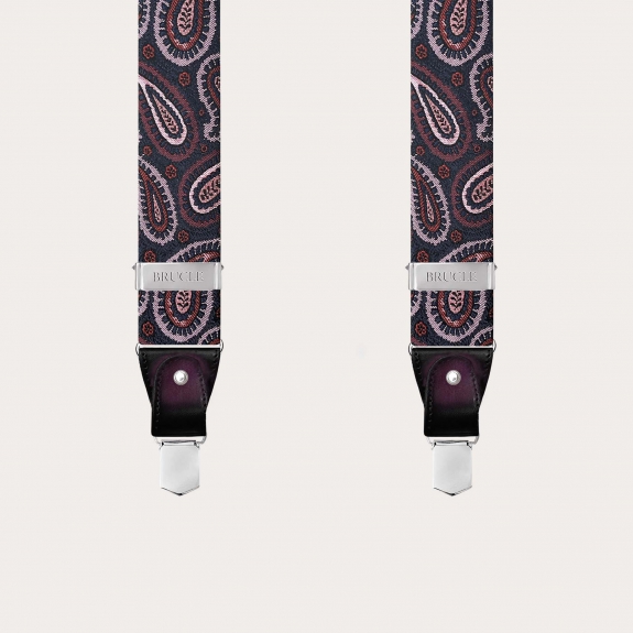 Burgundy paisley silk suspenders for buttons or clips