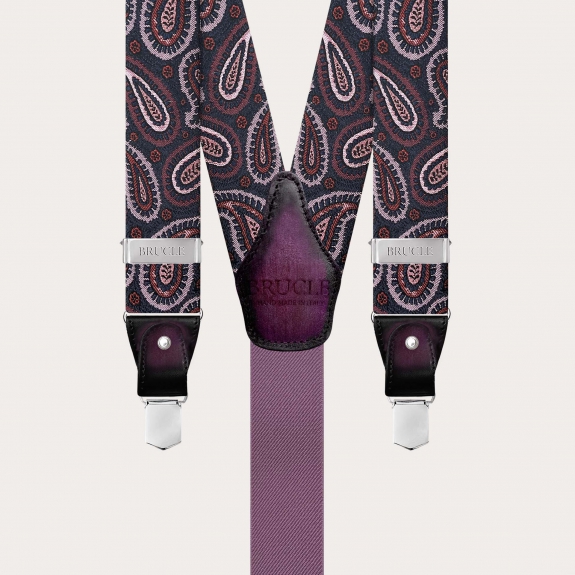 Burgundy paisley silk suspenders for buttons or clips