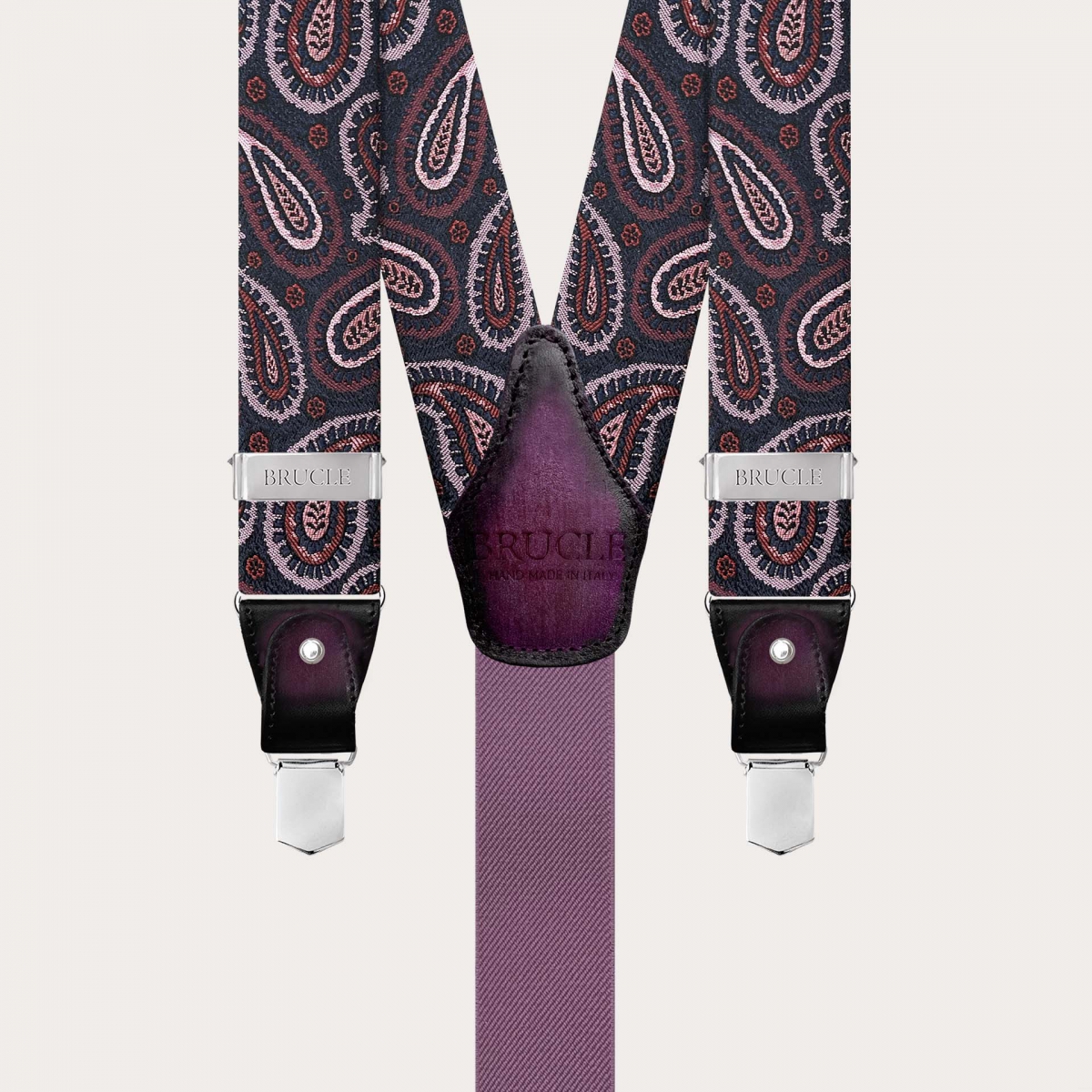 Burgundy paisley silk suspenders for buttons or clips