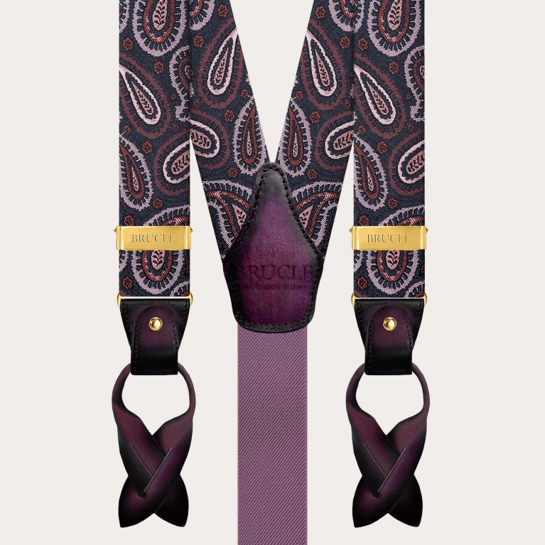 Men’s burgundy paisley silk suspenders with gold clips