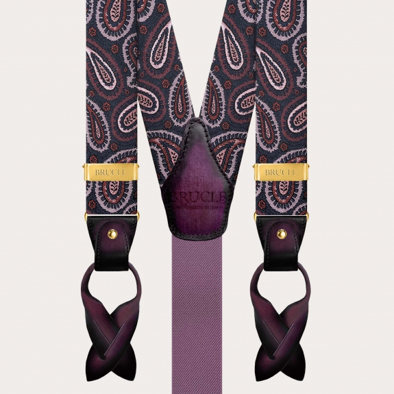 Men’s burgundy paisley silk suspenders with gold clips