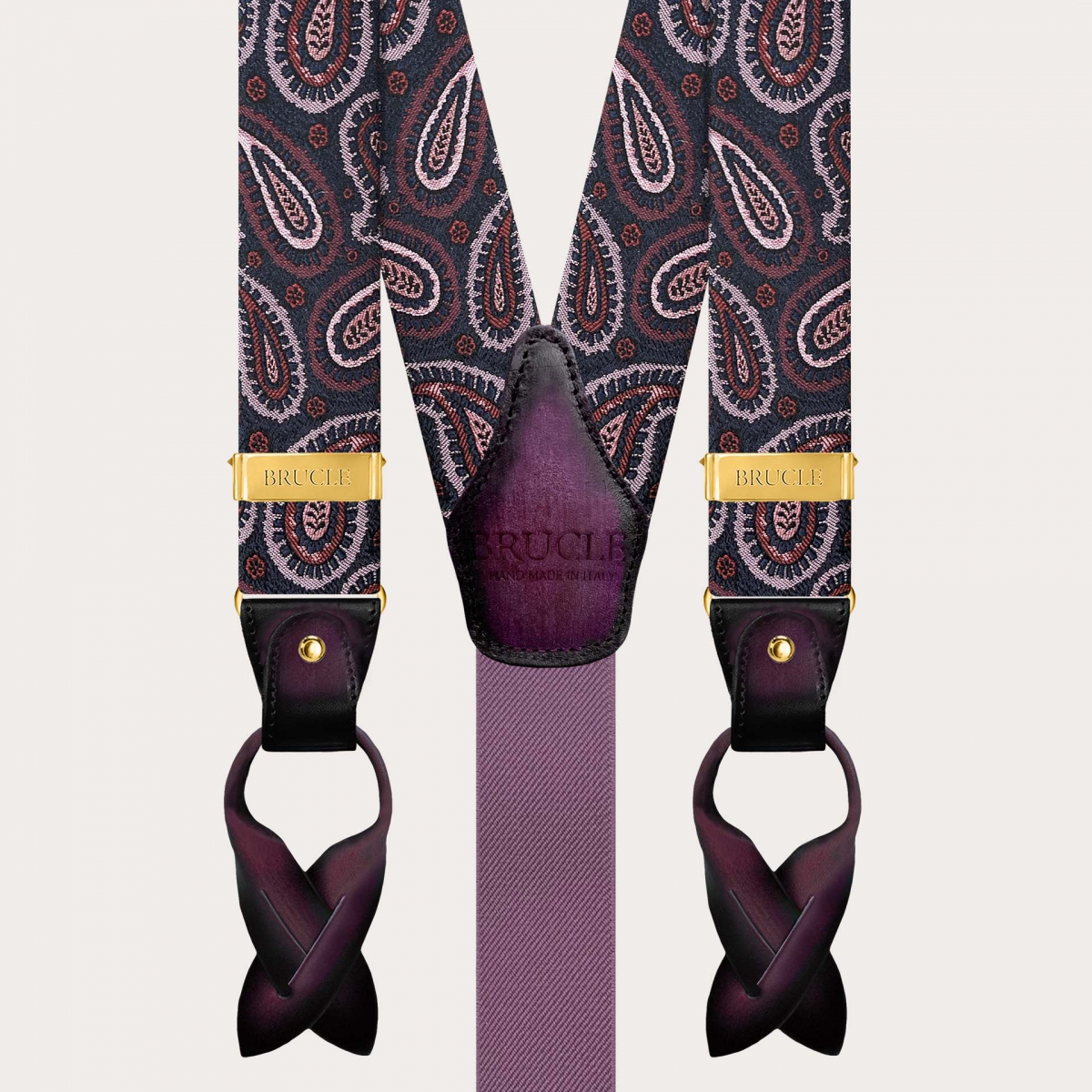 Men’s burgundy paisley silk suspenders with gold clips