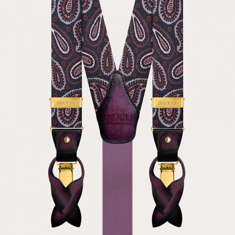 Men’s burgundy paisley silk suspenders with gold clips