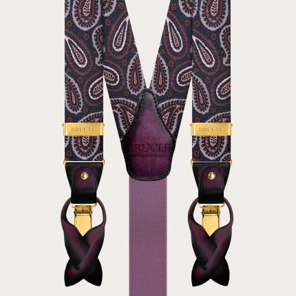 Bretelles homme en soie paisley bordeaux avec clips dorés