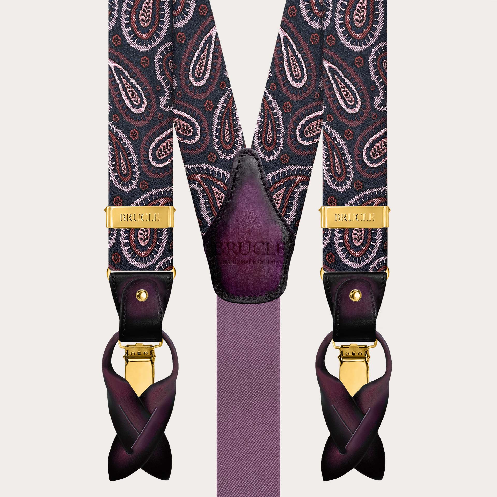 Bretelles homme en soie paisley bordeaux avec clips dorés