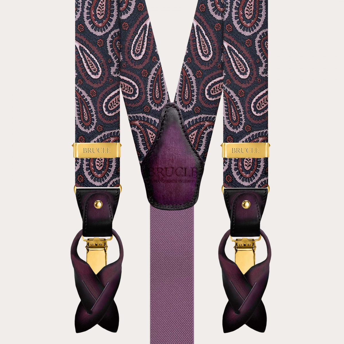 Bretelles homme en soie paisley bordeaux avec clips dorés