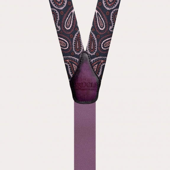 Bretelle uomo in seta paisley bordeaux con clip oro