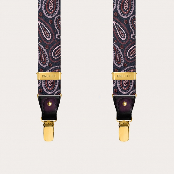 Men’s burgundy paisley silk suspenders with gold clips