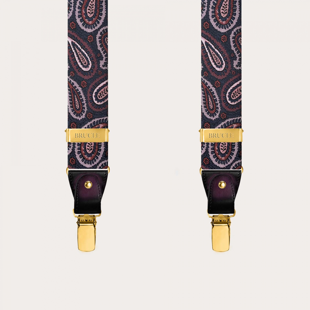 Bretelle uomo in seta paisley bordeaux con clip oro