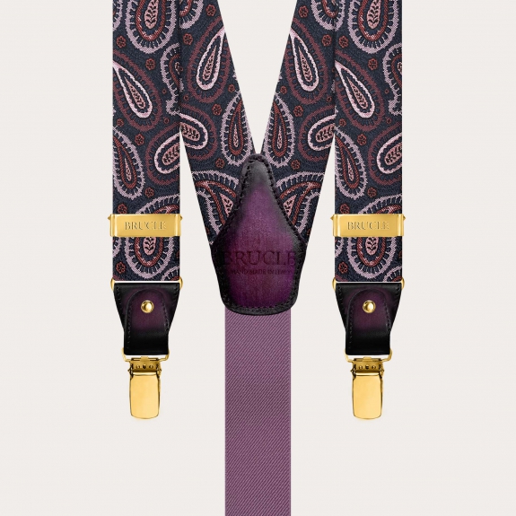 Bretelles homme en soie paisley bordeaux avec clips dorés