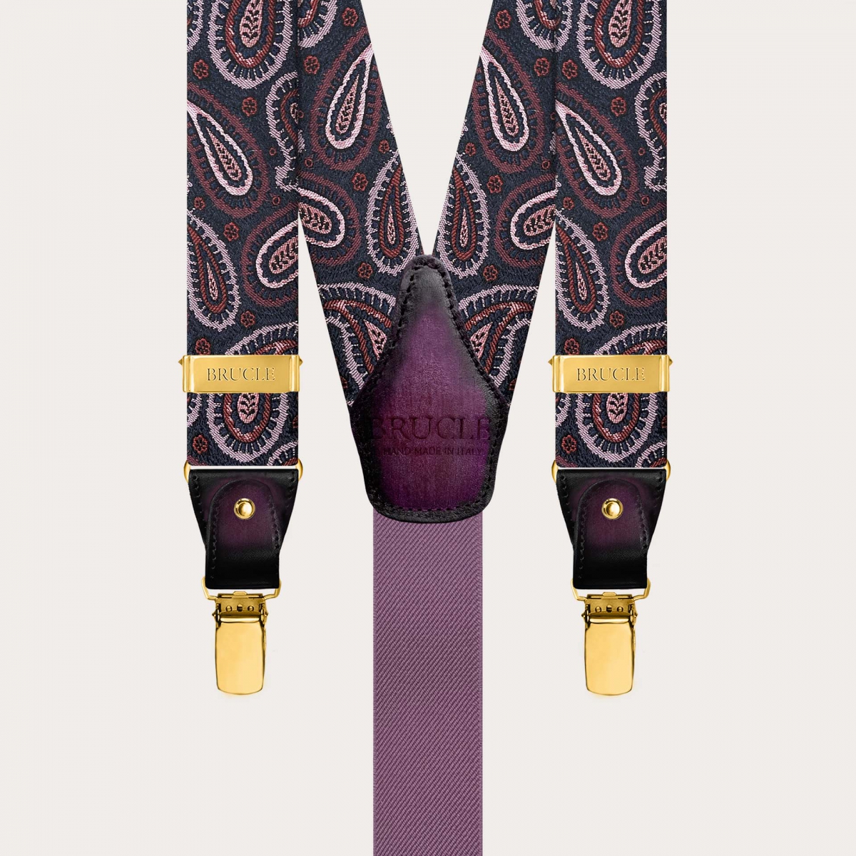 Bretelle uomo in seta paisley bordeaux con clip oro