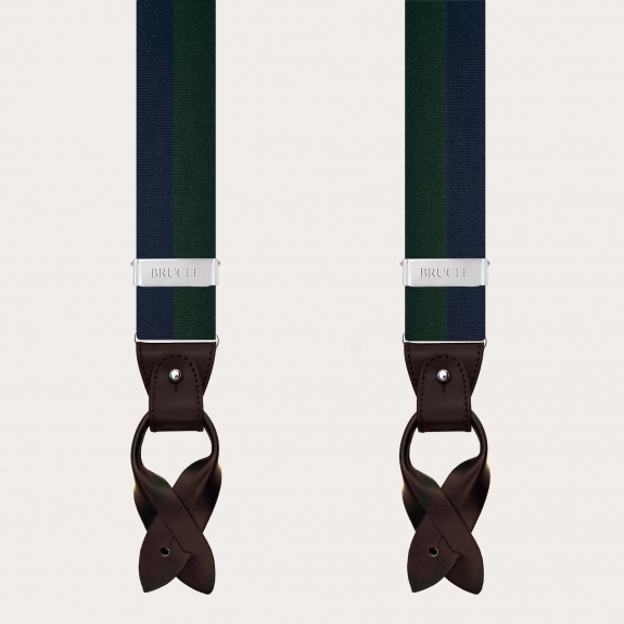 Men’s blue and green striped silk suspenders for buttons or clips