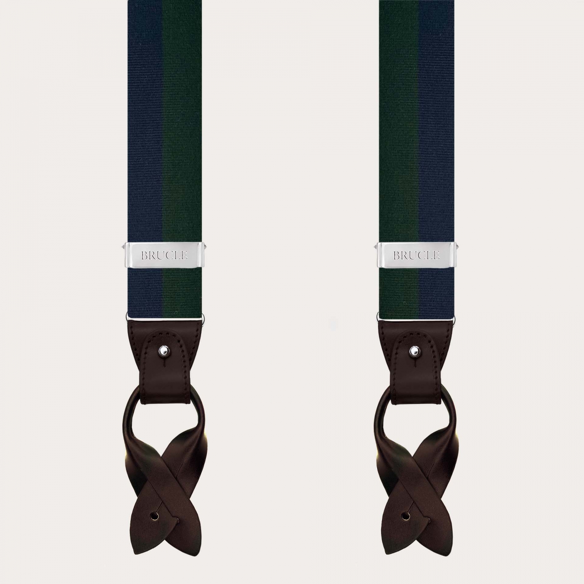 Men’s blue and green striped silk suspenders for buttons or clips