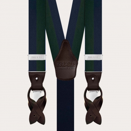 Men’s blue and green striped silk suspenders for buttons or clips