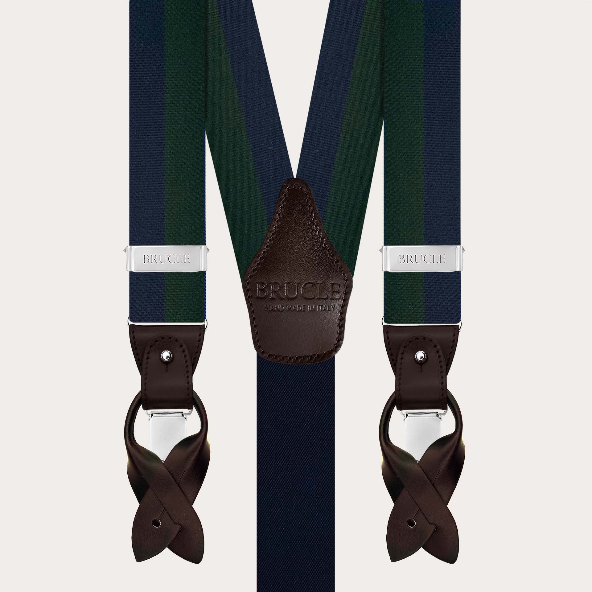 Men’s blue and green striped silk suspenders for buttons or clips