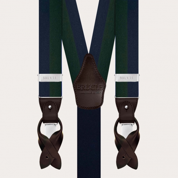 Men’s blue and green striped silk suspenders for buttons or clips