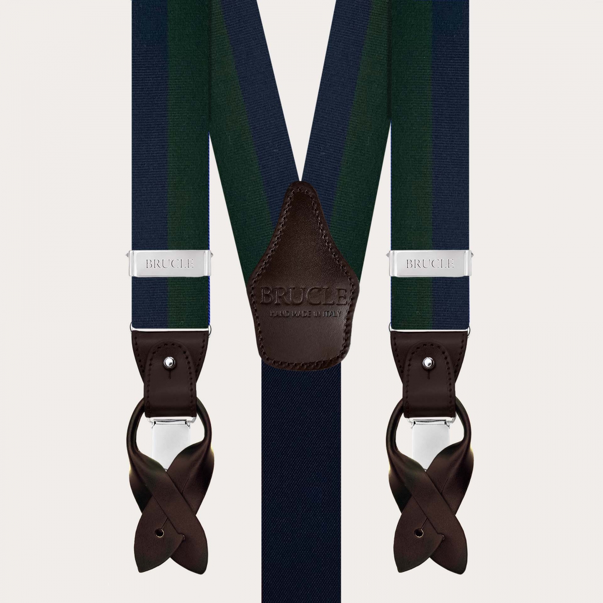 Men’s blue and green striped silk suspenders for buttons or clips