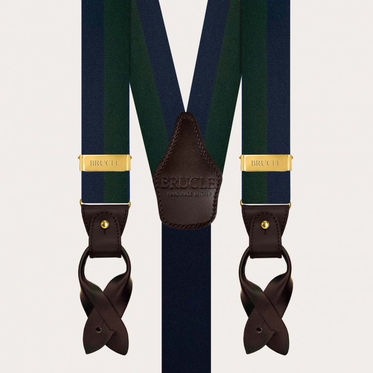 Men’ silk suspenders with gold clipss blue and green striped