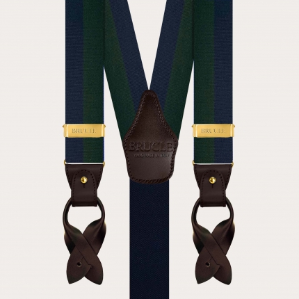 Men’ silk suspenders with gold clipss blue and green striped