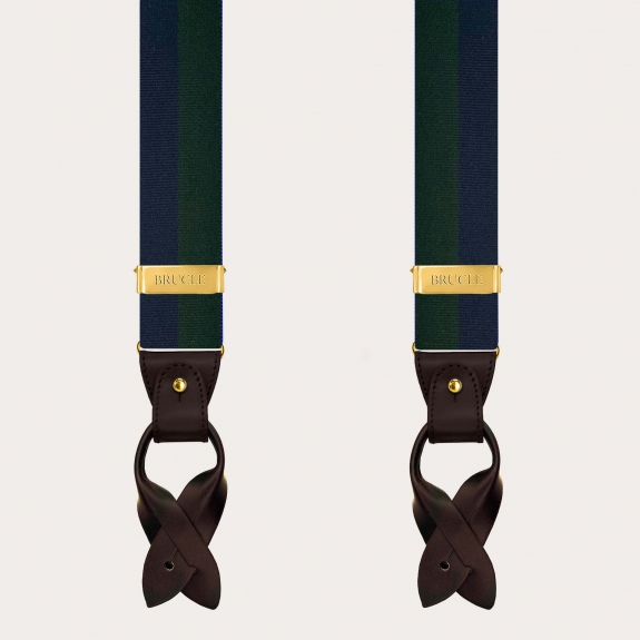 Men’ silk suspenders with gold clipss blue and green striped