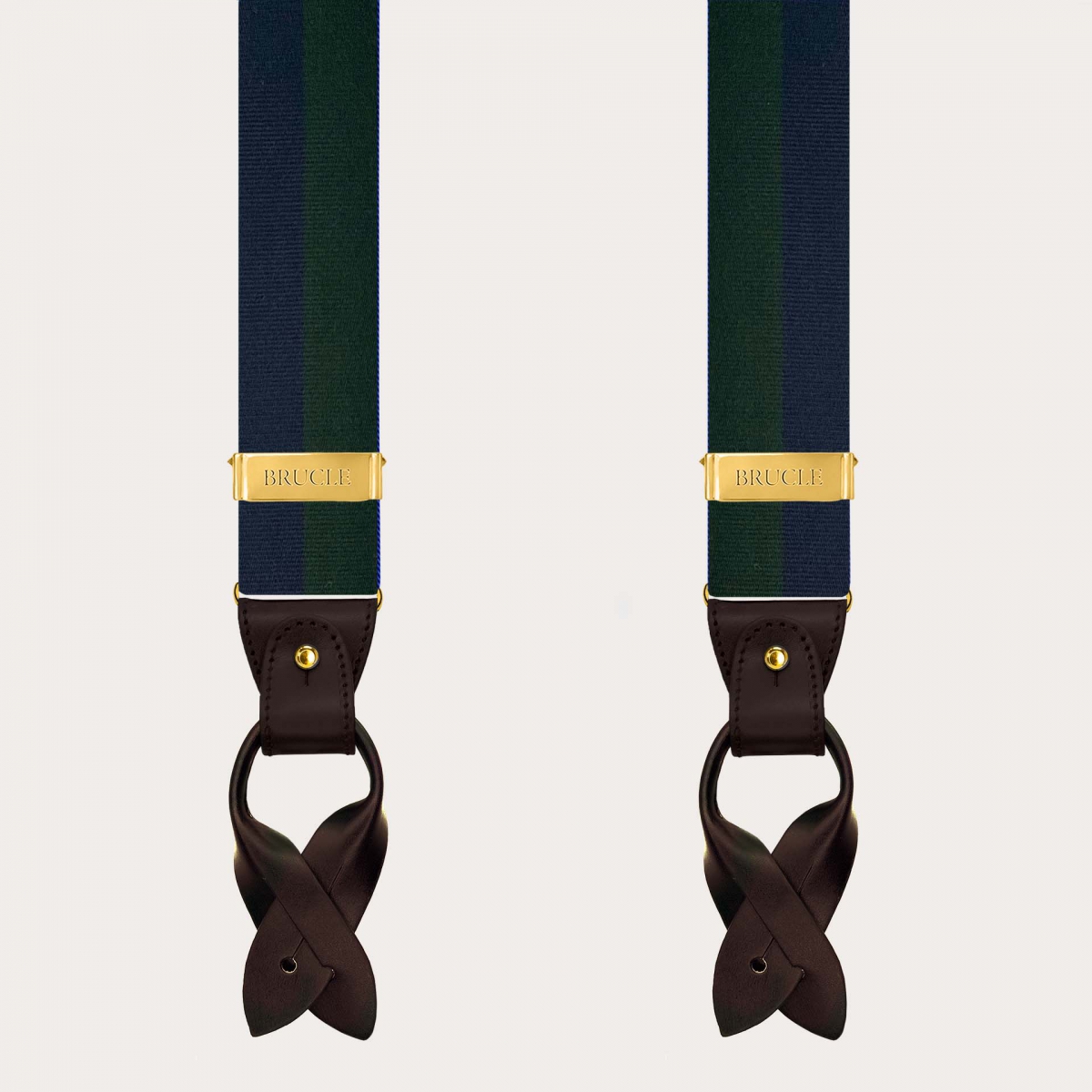 Bretelles homme en soie rayées bleu et vert avec clips dorés