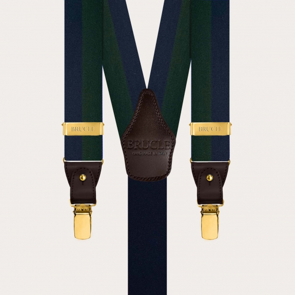 Herren Hosenträger aus Seide blau und grün gestreift mit goldenen Clips