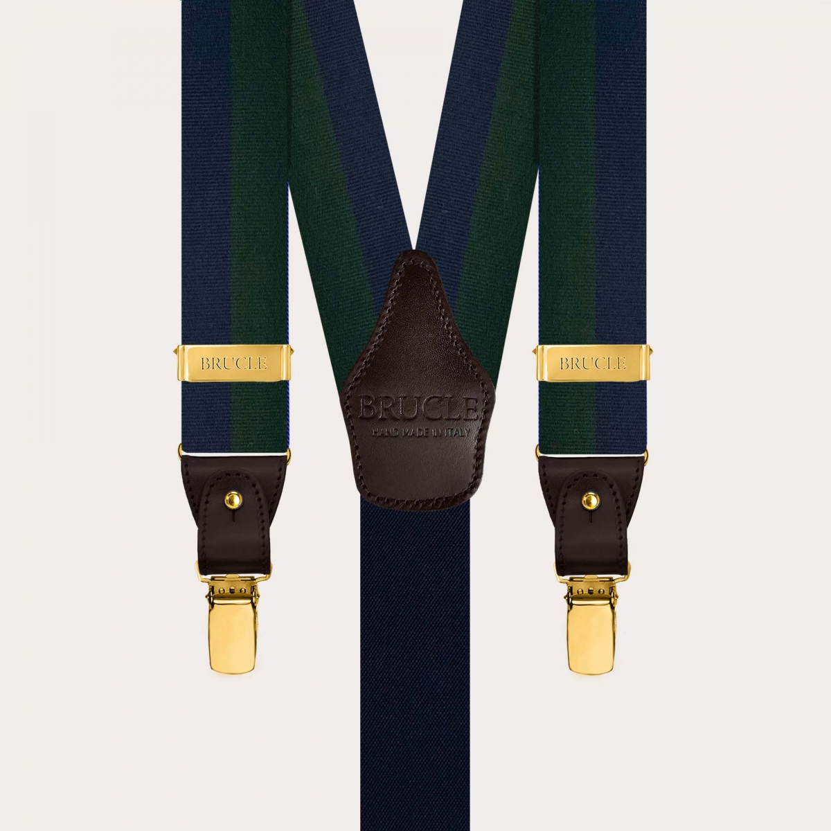 Bretelles homme en soie rayées bleu et vert avec clips dorés