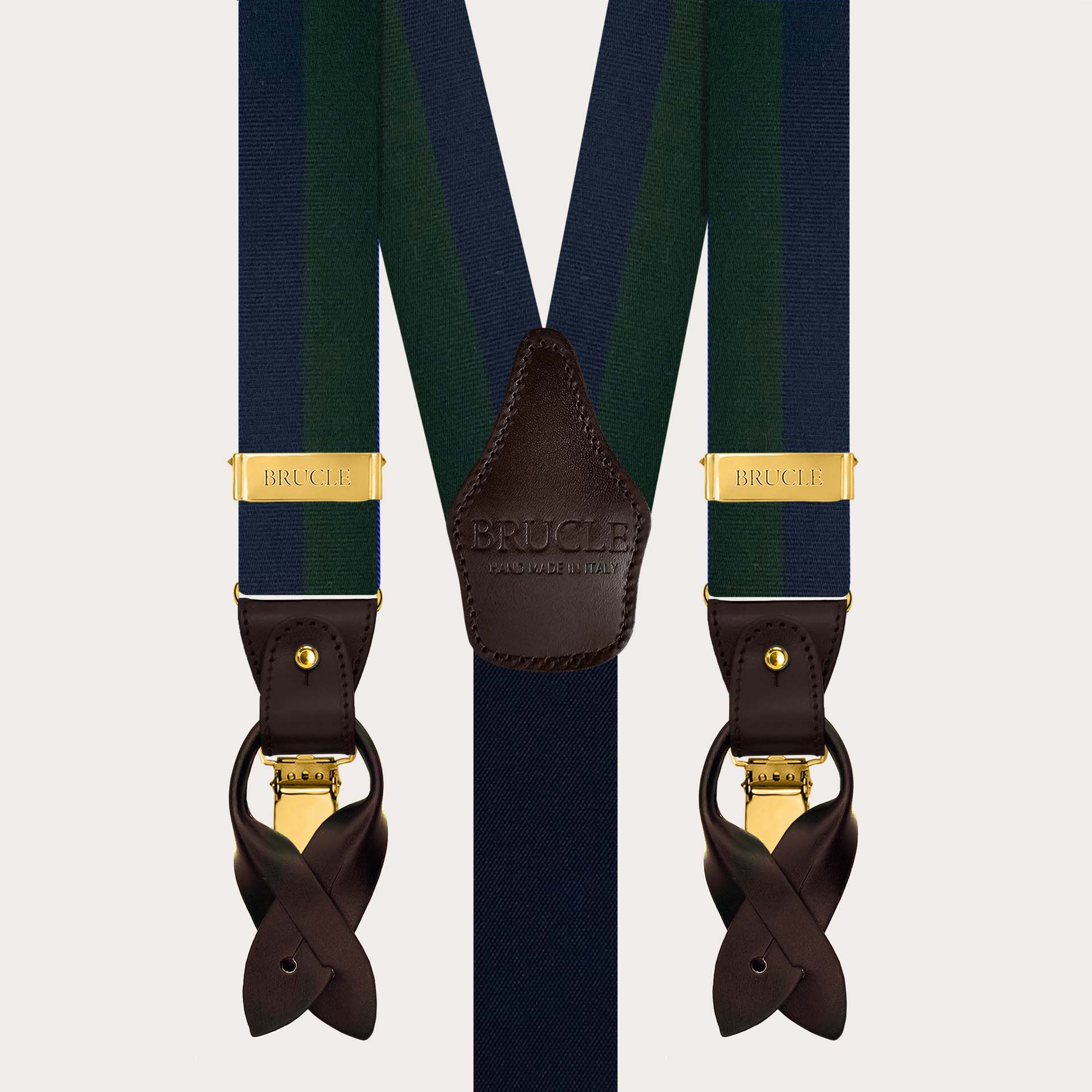 Men’ silk suspenders with gold clipss blue and green striped