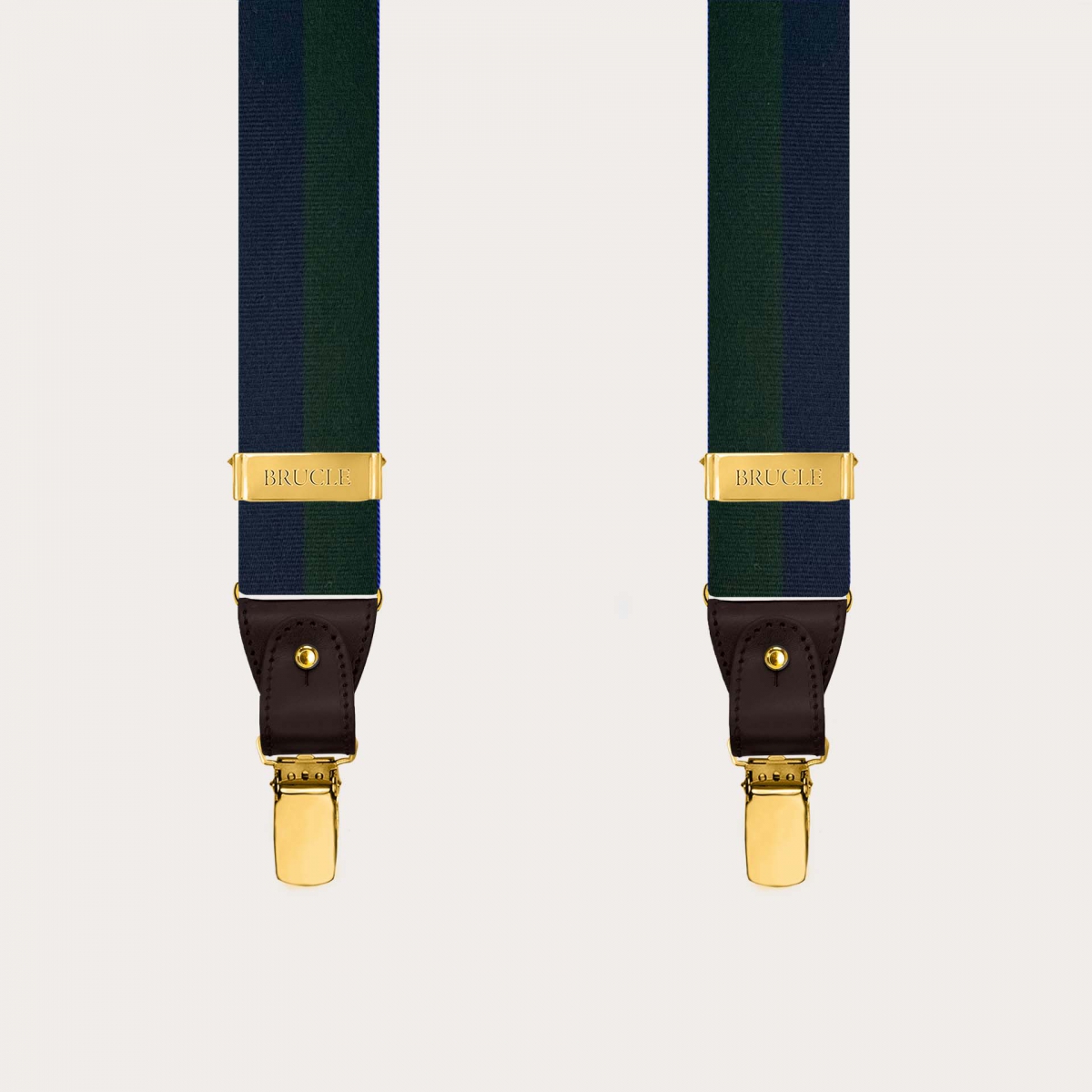 Tirantes de hombre en seda a rayas azul y verde con clips dorados