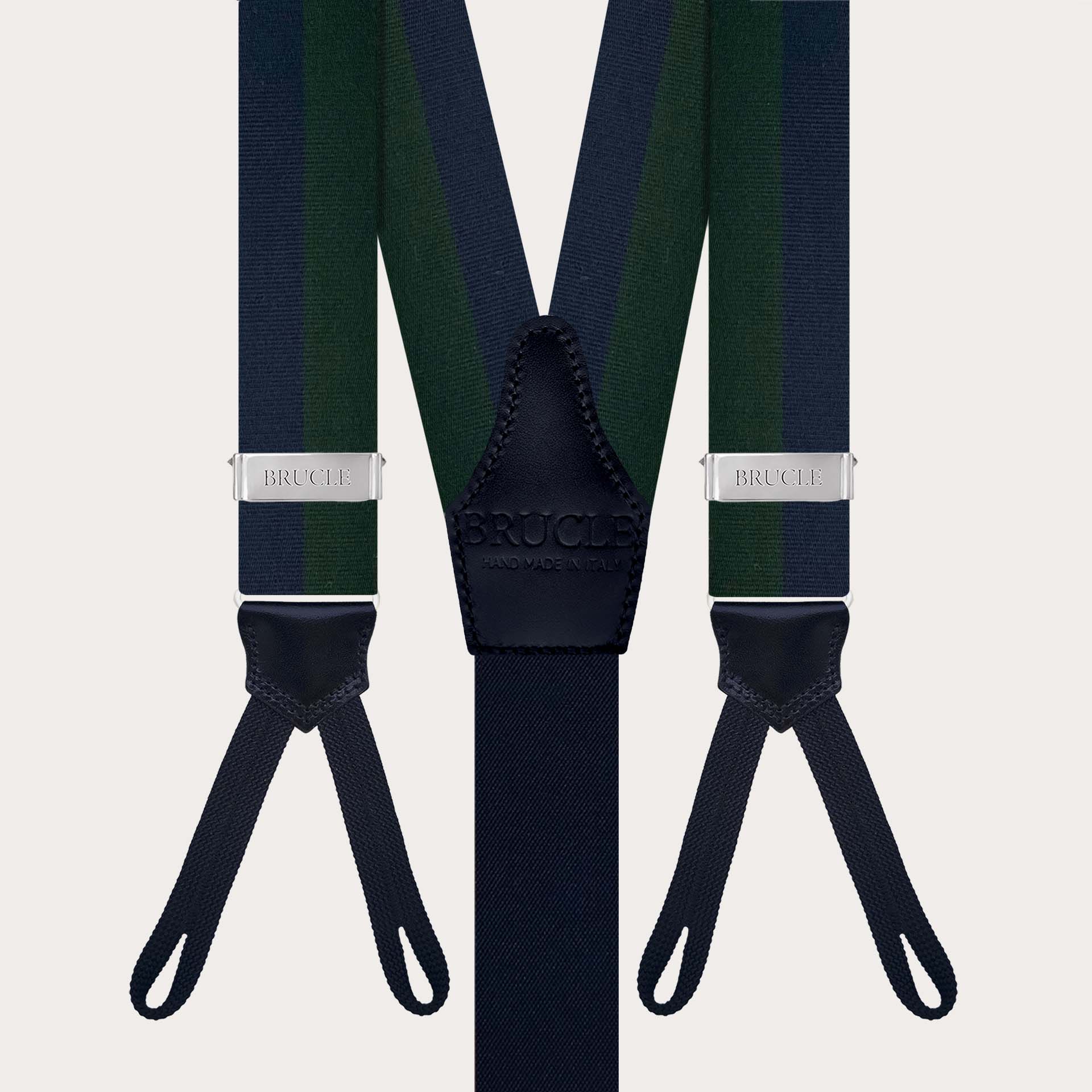 Men’s green and blue striped suspenders with buttonholes