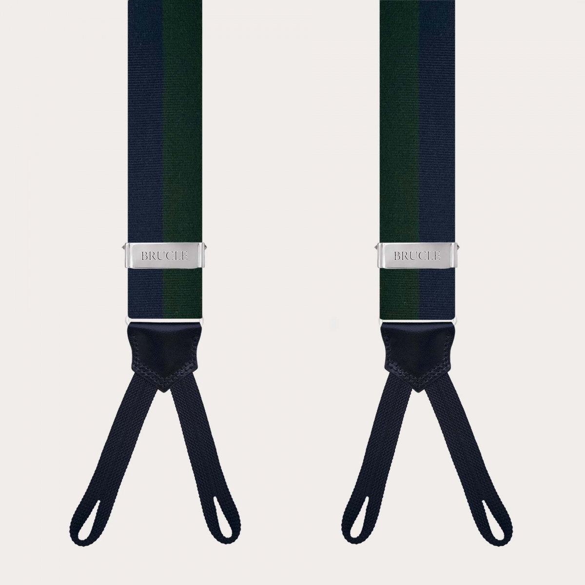 Men’s green and blue striped suspenders with buttonholes