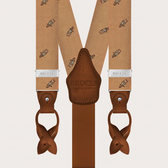 Men’s silk suspenders gold owl pattern clip or buttons