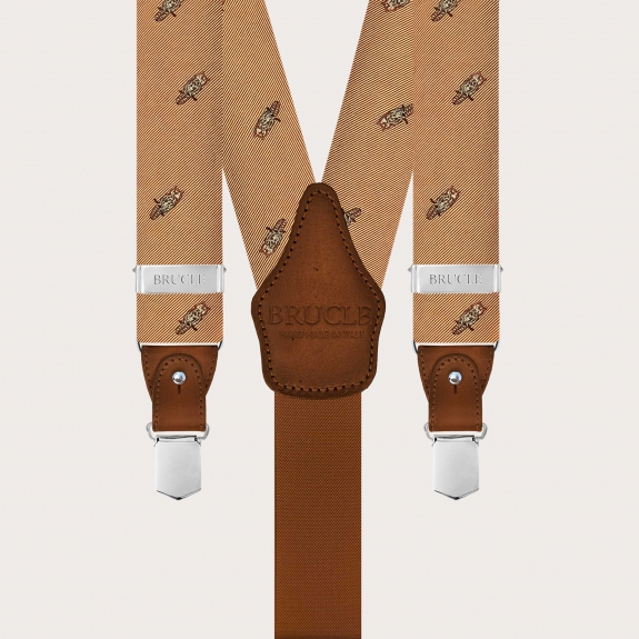 Men’s silk suspenders gold owl pattern clip or buttons