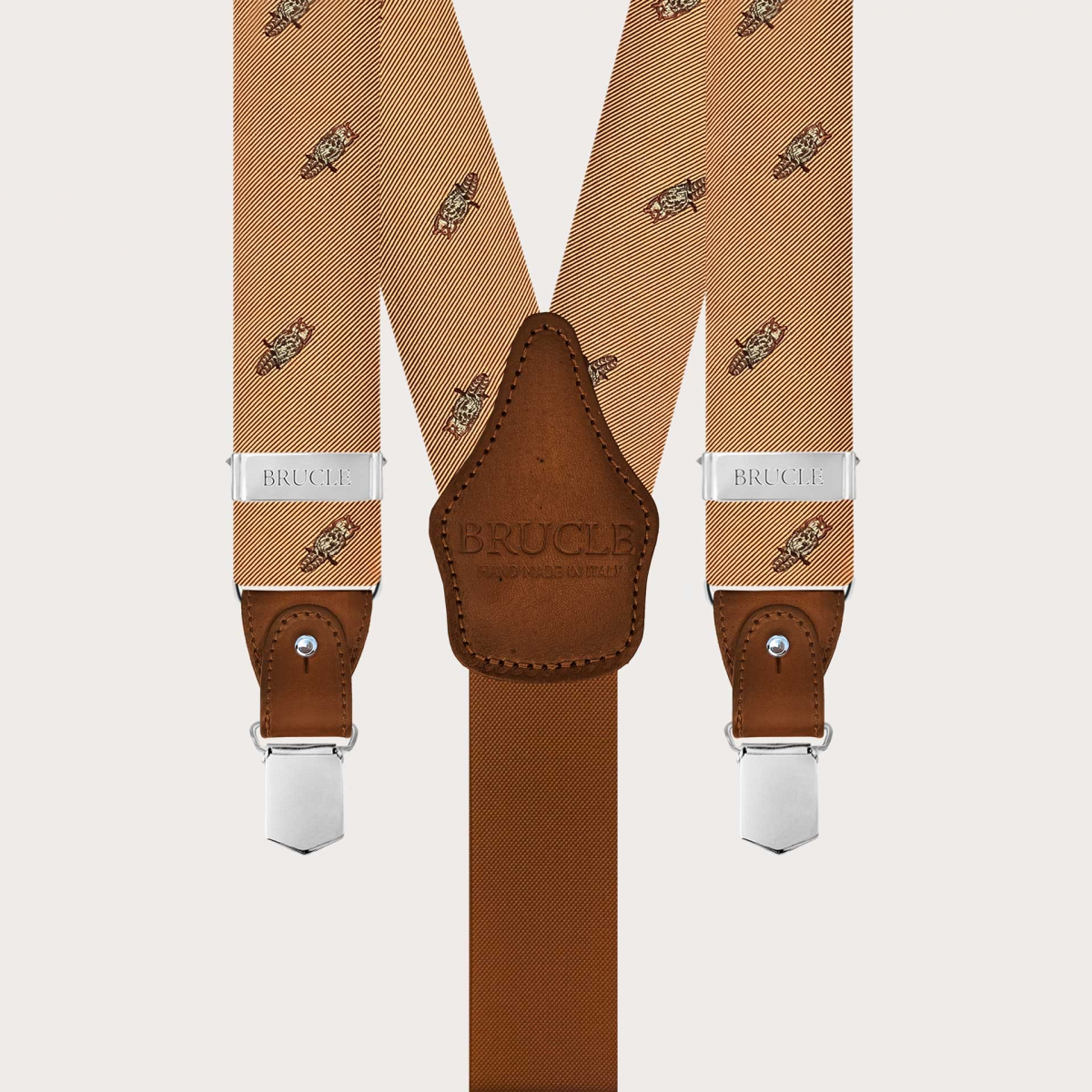 Men’s silk suspenders gold owl pattern clip or buttons